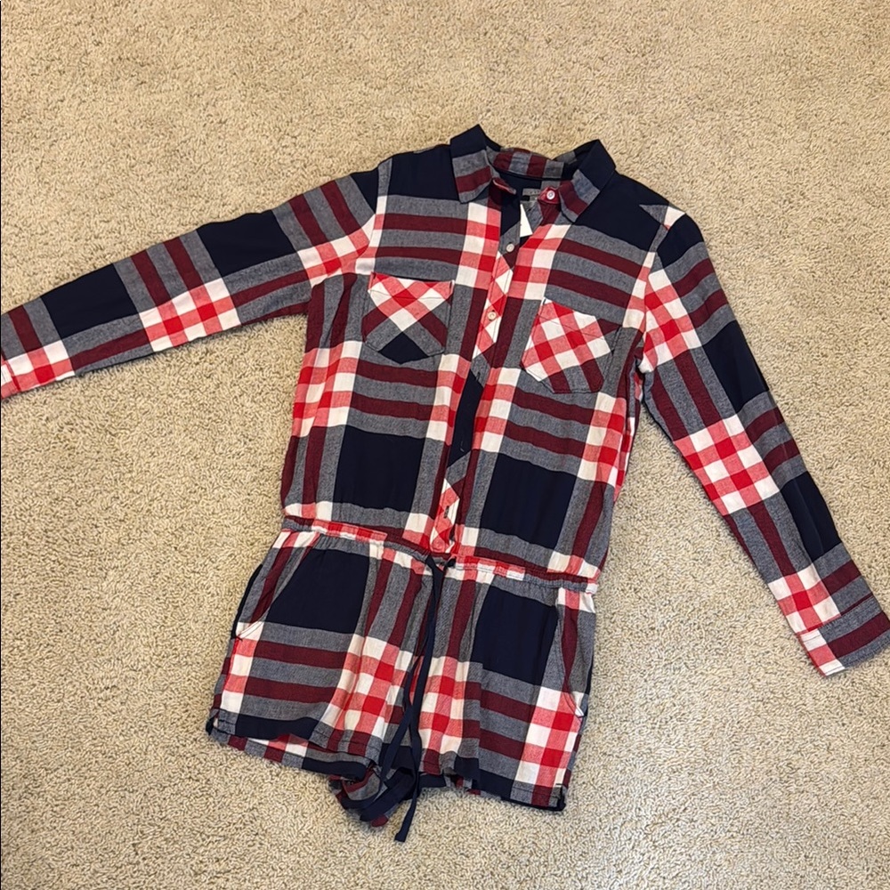 NWT Aerie American Eagle Patriotic Plaid Long Sleeve Romper Medium